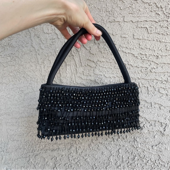 VINTAGE 90s Y2K Black Satin Beaded Fringe Handbag Formal Cocktail Evening Bag - Picture 5 of 12
